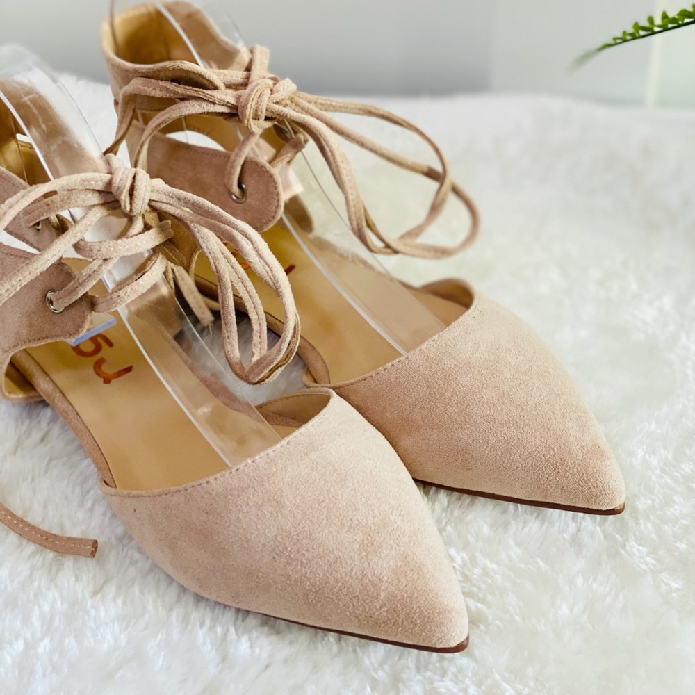 Suede Pointed Toe Lace-up Strappy Slingback Flats - Picture 7 of 7